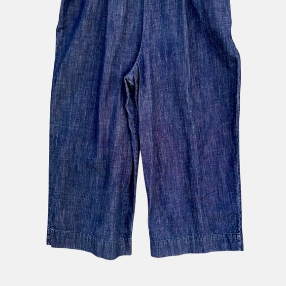 GAP Ruffle Apron Jumpsuit Women’s Size 10 P Chopped Wide Legs Blue Denim Pockets - Picture 7 of 8
